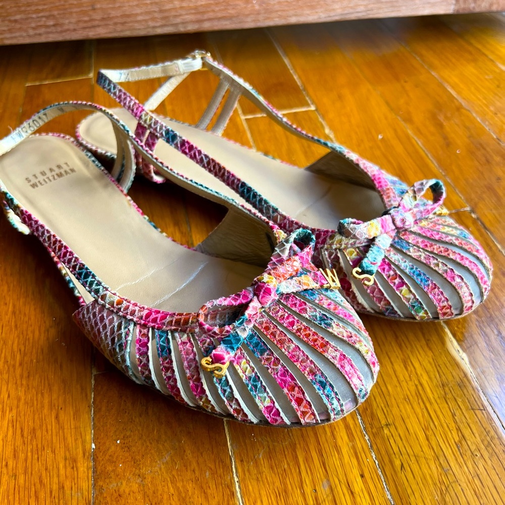 Stuart Weitzman Multicolor Snakeskin Round Toe Slingback Flat
